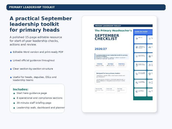 Primary Headteacher September Checklist 2026/27 | Leadership Toolkit | Editable