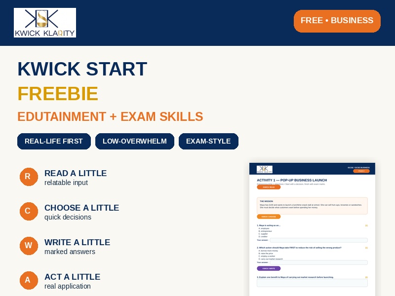 Business Kwick Start Freebie | IGCSE GCSE | Edutainment + Exam Skills