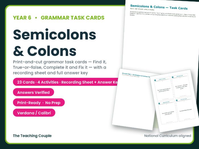 Year 6 Semicolons & Colons Task Cards – 23 Grammar Cards + Answer Key