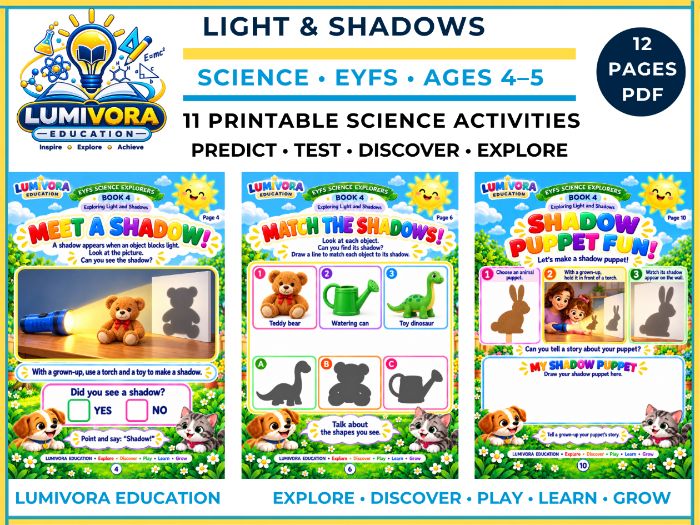 Light and Shadows EYFS Worksheets | Reception Science | Book 4