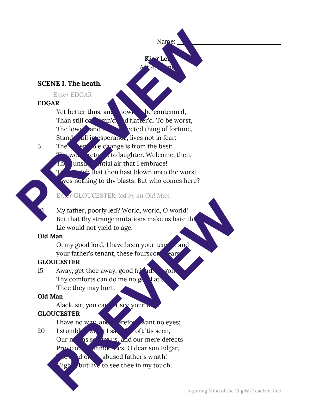 Shakespeare's King Lear Act 4 Scene 1 Close Reading Analysis Teaching
