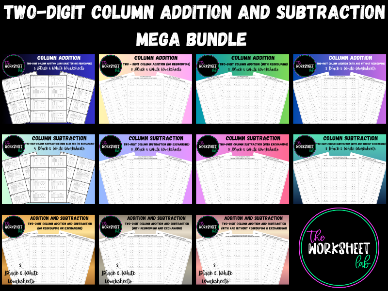 TWO-DIGIT COLUMN ADDITION & SUBTRACTION WORKSHEETS MEGA BUNDLE