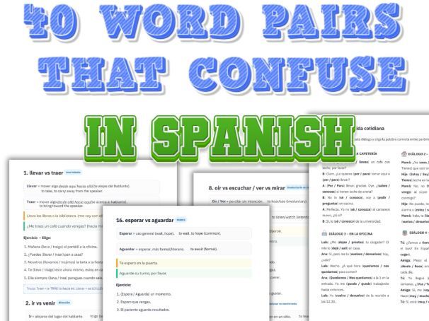 Spanish Activities Confusing Word Pairs A2, B1, B2. Spanish verbs, adjectives