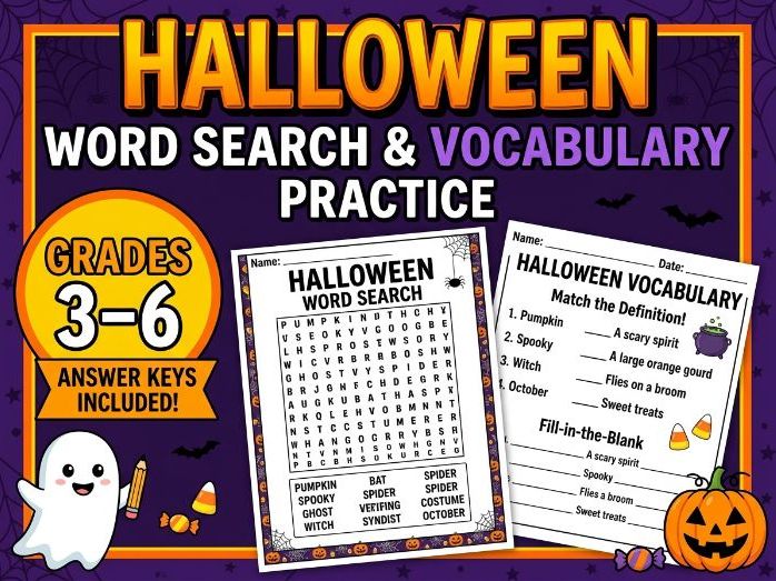 Halloween Reading Comprehension Passage Activities and Word Search Worksheets Grades 3–6