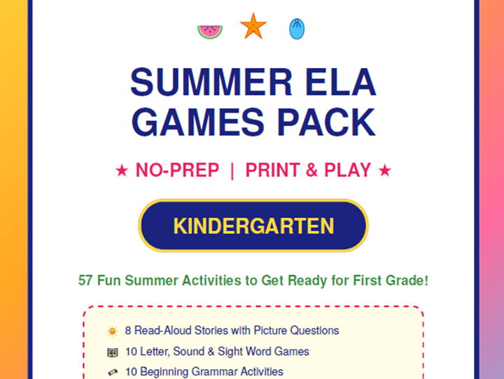 Kindergarten Summer ELA Games Pack | No-Prep Printables