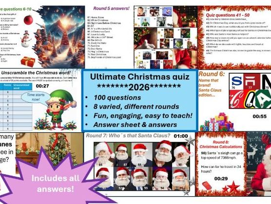 Ultimate Christmas quiz! 100 question Christmas quiz. End of term quiz. Year 7 - 13! Xmas