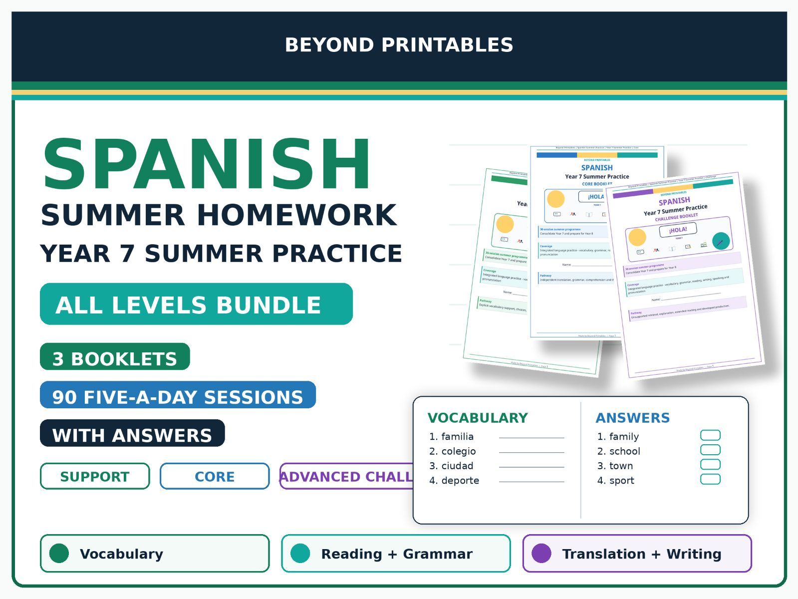Spanish Summer Homework Year 7 Bundle | Support, Core & Advanced Challenge with Answers