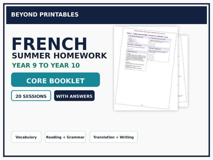 French Summer Homework Booklet Year 9 to Year 10 Core with Answers