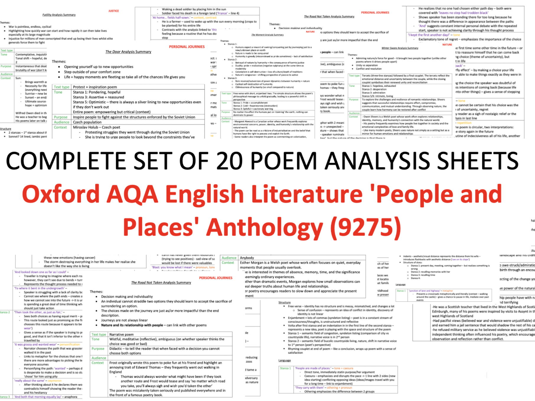 Complete Set of 20 Poem Analysis Sheets for Oxford AQA English Literature 'People and Places' Anthology
