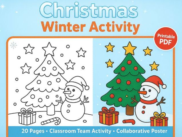 Christmas Snowman & Tree Collaborative Coloring Poster – 20-Piece Giant Classroom Winter Activity