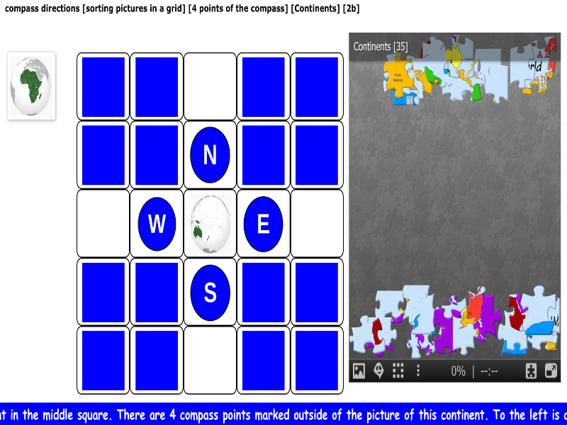 compass directions [sorting pictures in a grid] [4 points of the compass] [Continents] [2b]