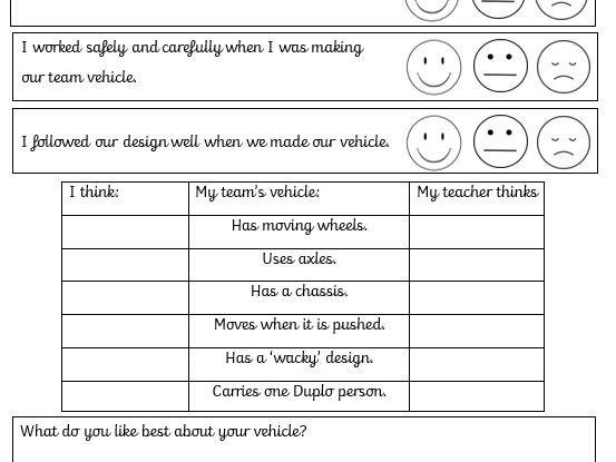 KS1 D&T Wacky Races Vehicle Evaluation Sheet