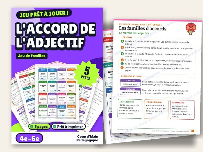 French Adjective Agreement Go Fish Game Grade 4-6 | Les familles d'accords