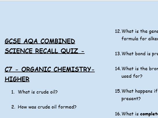 GCSE Chemistry C7 Organic Chemistry – 30 Higher Retrieval Questions | AQA + Answers