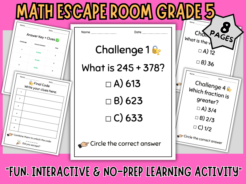 Year 5 Math Escape Room | End of Year Review & Test Prep | Math Mystery