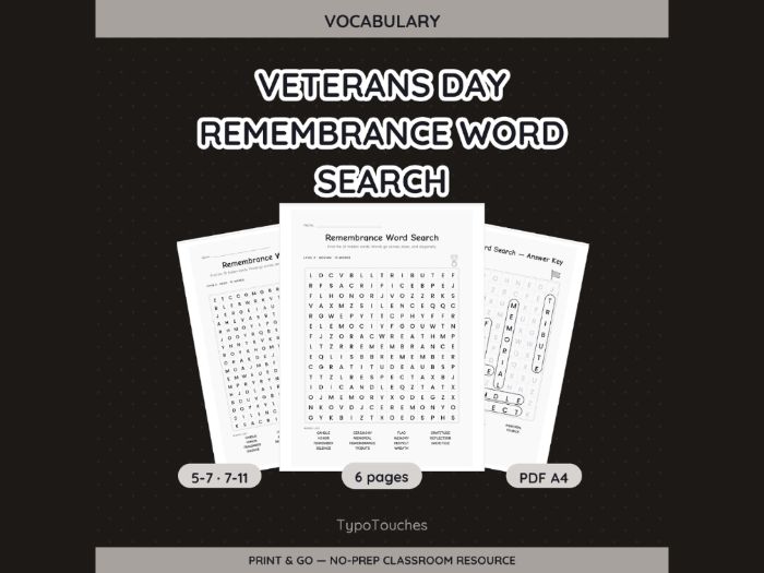 Veterans Day Remembrance Word Search | 6 pp