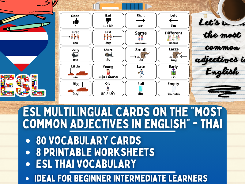ESL Multilingual Vocabulary Flashcards - Most Common Adjectives - Thai