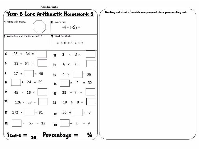 Year 8 Arithmetic Homework Booklet - With Answers Core/Extension - Term 1