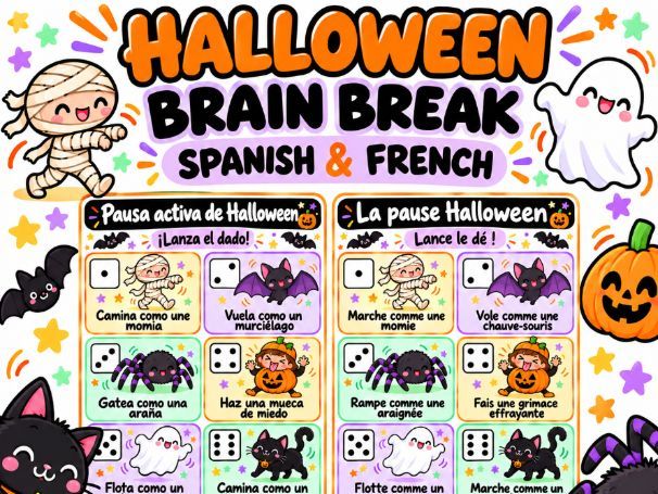 Halloween Brain Break | Spanish & French | Roll the Dice Movement Activity