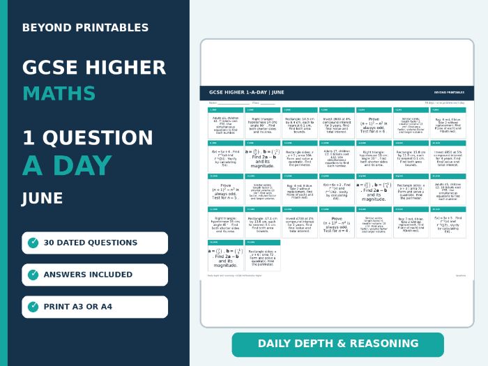 GCSE Higher Maths 1-a-Day June | Daily Reasoning | Answers | A3/A4