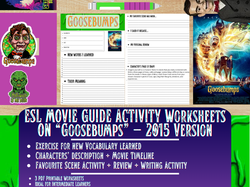 ESL Movie Guide Worksheets on "Goosebumps"