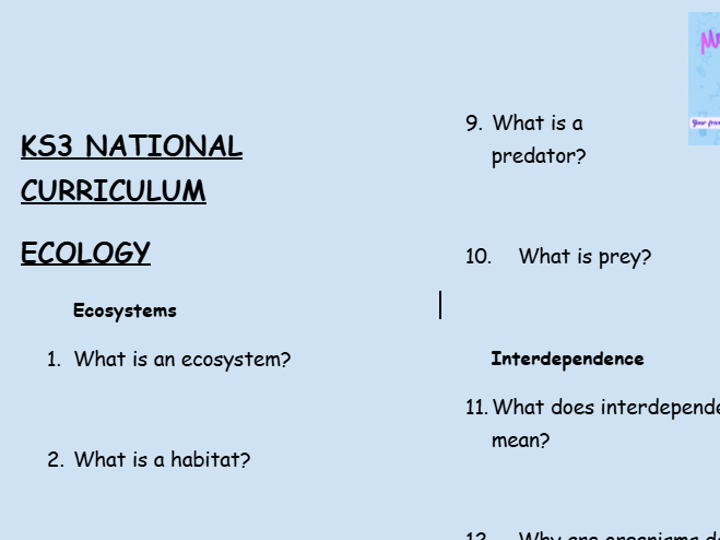 KS3 Science Retrieval Practice – Ecology (30 Questions + Answers)