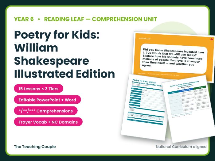 Poetry for Kids: William Shakespear | Year 6 Comprehension Pack | 15 Lessons + Worksheets