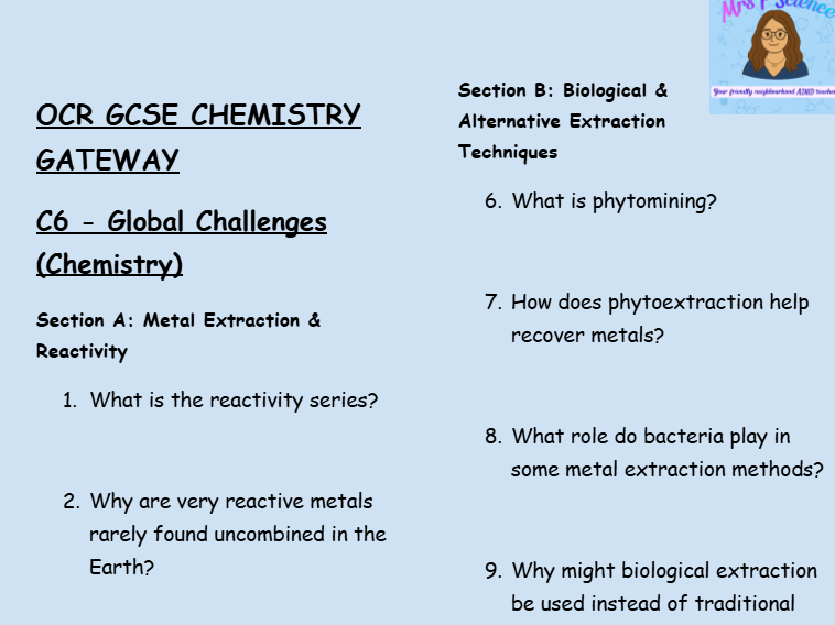 OCR GCSE Chemistry C6 Retrieval Practice: Low-Stakes Questions on Sustainability and environment
