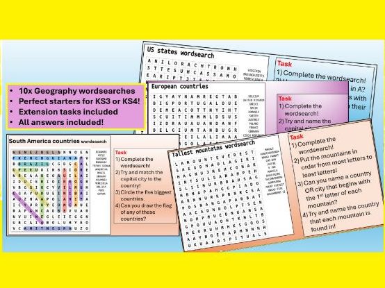 KS3 Geography starter tasks: Wordsearches. European, African, Asian countries, capital cities + more