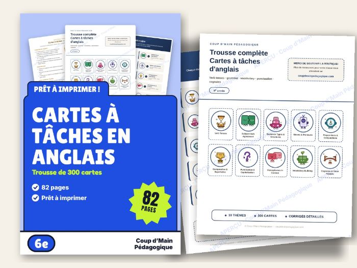 ESL Task Cards Grade 6 English Grammar for French Speakers Bundle | Anglais