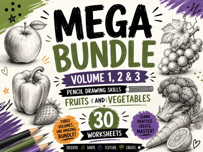 Pencil Drawing Skills – Fruits & Vegetables Mega Bundle | Volumes 1, 2 & 3 | 30 KS3 Art Worksheets