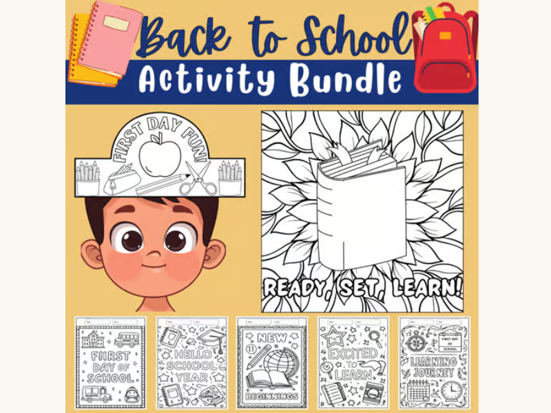 First Day of School Bundle: Hats Craft, Coloring pages, Colaborative Poster