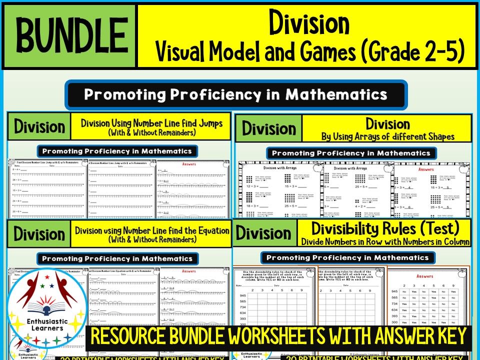 DIVISION WITH VISUAL MODELS AND GAMES Worksheets Product or Resource BUNDLE for GRADE 2–5