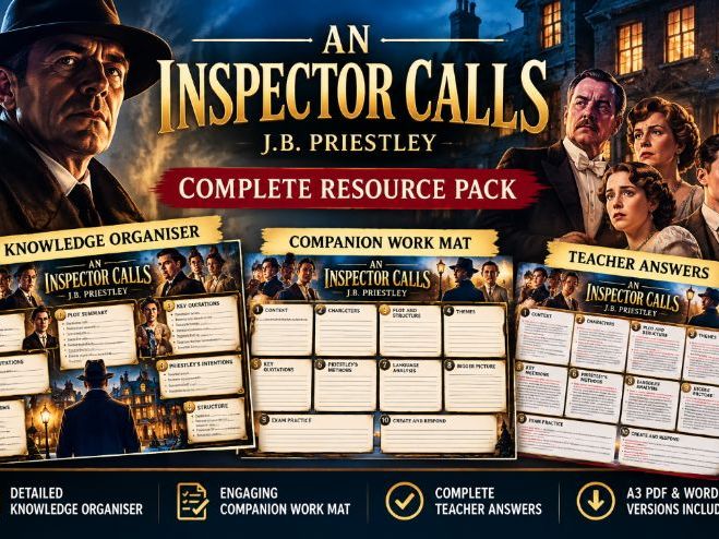 An Inspector Calls GCSE Revision |A3 Knowledge Organiser, Work Mat & Teacher Answers | J.B. Priestly
