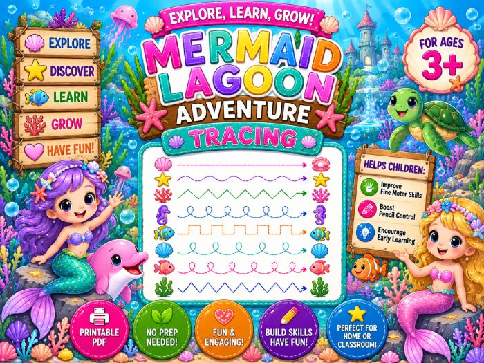 Mermaid Tracing Worksheets | Pre-Writing Lines & Fine Motor Activities | Preschool–Grade 1