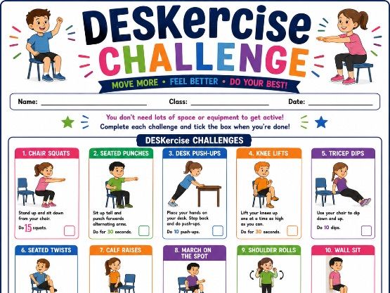 Deskercise Challenge Worksheet | Indoor PE Activity | Chair Exercises & Classroom Fitness |