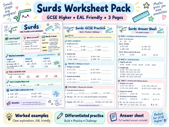 Surds Worksheet Pack | GCSE Higher | EAL Friendly