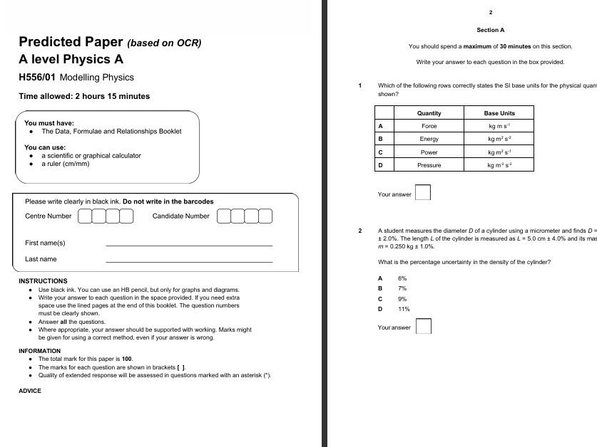OCR Physics A-Level Paper 1 Predicted 2026 – Complete Mock with Mark Scheme