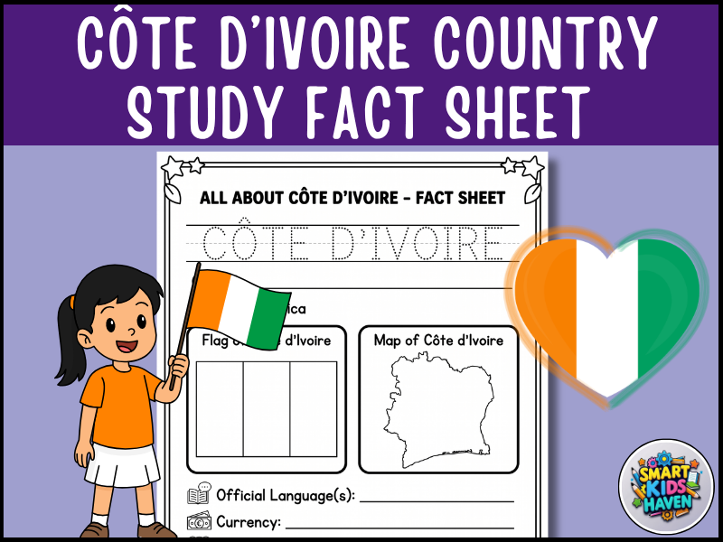 Côte d’Ivoire Map and Flag Country Study Research Project Geography Worksheet.