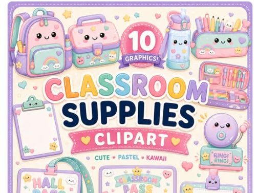 school supply clip art pastel: Classroom Supplies Clipart pastel art