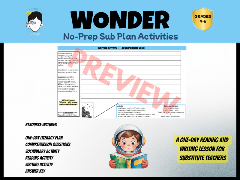 Wonder No-Prep Reading & Literacy Cover Lesson | Supply Teacher Novel Study | Year 4–6 PDF