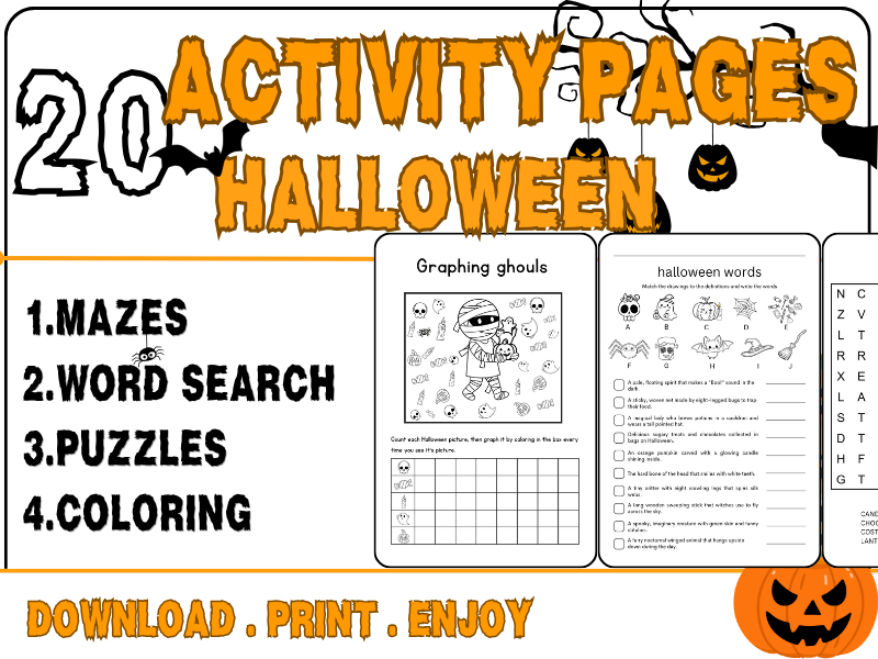 Halloween Activity Book | Mazes, Word Searches, Symmetry Drawing & Graphing | Grades 1-4