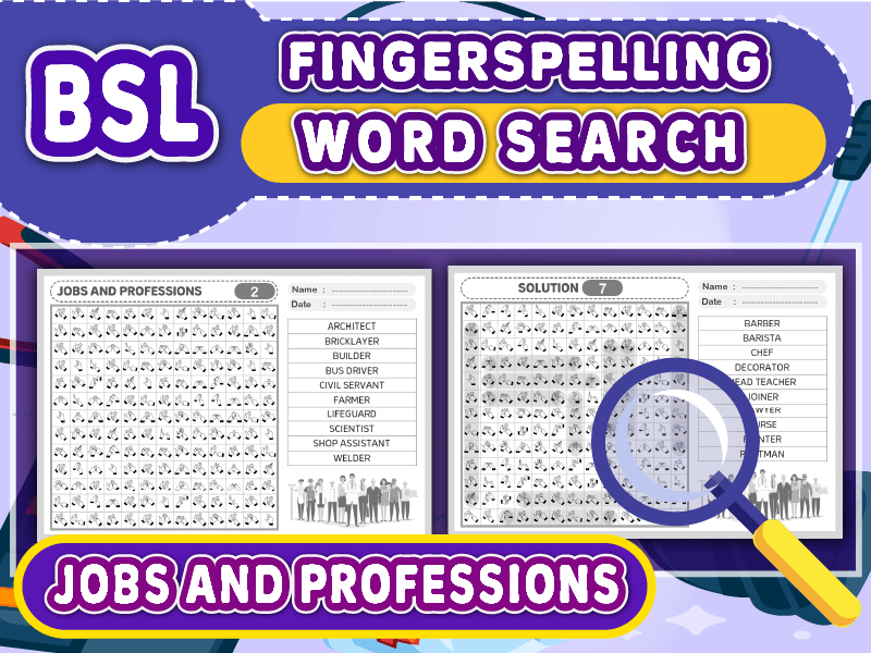 BSL Sign Language Fingerspelling Jobs and Professions Word Search Puzzles