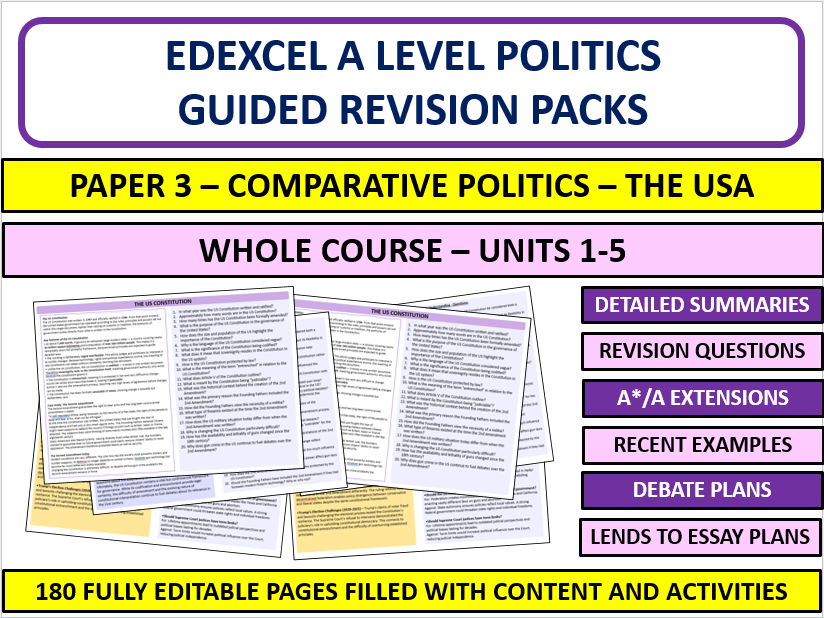 Edexcel A Level Politics Paper 3 USA Revision Pack Bundle – All 5 Units Comparative Politics
