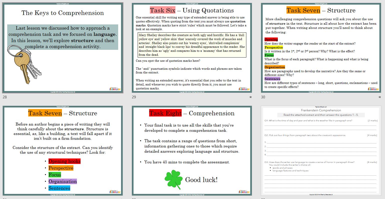 KS3 Comprehension Frankenstein Teaching Resources