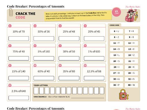 Percentages of Amounts Code Breaker GCSE