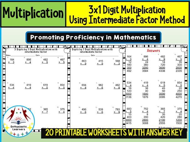 3x1 Digit Multiplication Using Intermediate Factor Method Worksheets ...