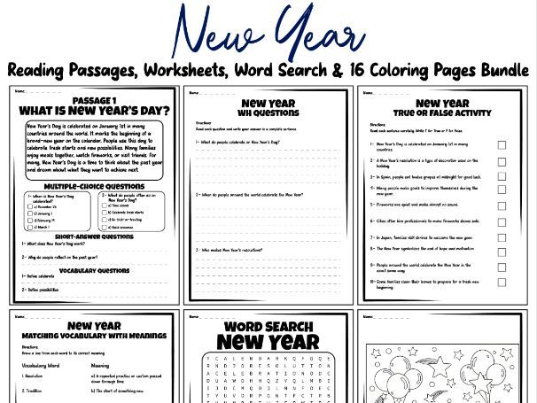 New Year Reading Passages, Worksheets, Word Search & 16 Coloring Pages Bundle