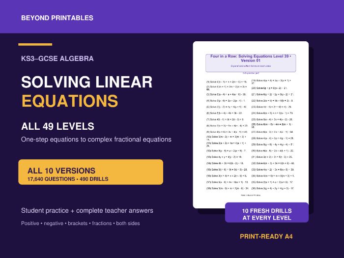 Solving Linear Equations Skill Drills | 10 Versions × 49 Levels | 17,640 Questions