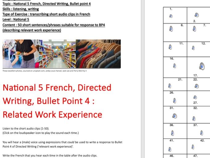 National 5 French, Directed Writing, Bullet point 4, relevant work experience, listening and writing